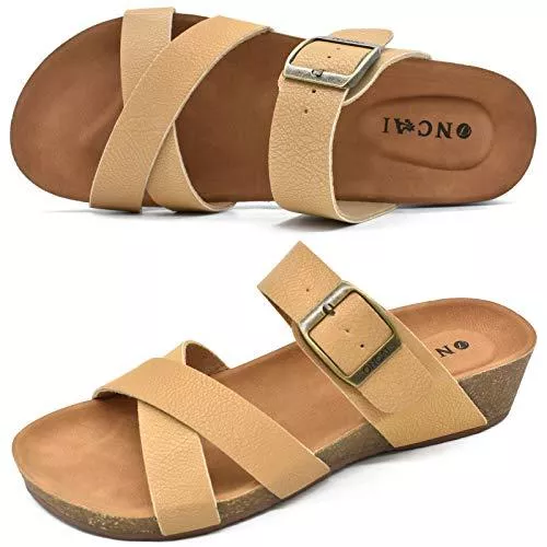 ONCAI Sandalen & Slides ONCAI Pantoletten Damen, Mode Leder Frauen Clogs Schnallenriemen Sommerstrand Plateau Keilsandalen Kreuz und Quer Kork Slides Sandalen Größe 36-43
