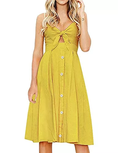 FANCYINN Freizeit FANCYINN Damen Sommer Kleid Knielang Dekoltee V-Ausschnitt Sommerkleid Midi Träger Rückenfreies A-Linie Kleider Strandkleider