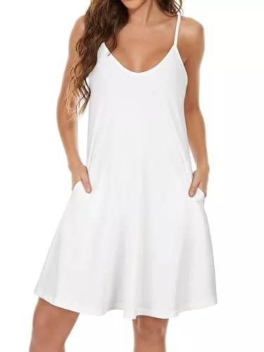 Gosunny Freizeit Sommerkleider für Damen Spaghetti Träger Sonnenkleid lässig Ärmellos Strandkleid mit Taschen