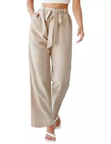 PASUDA Hosen PASUDA Hose Damen Sommer Weites Bein Hosen Elegant Baumwolle Leinenhose High Waist Elastischer Freizeithose Sommerhose Lang Loose Fit Trousers mit Taschen