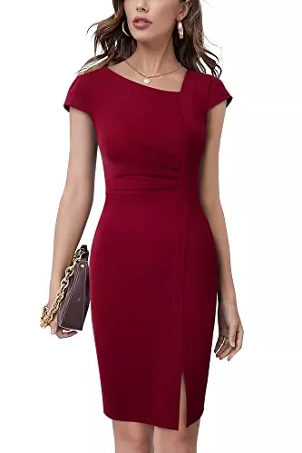 HOMEYEE Cocktail HOMEYEE Damen Vintage V-Ausschnitt Bodycon Business Bleistiftkleid mit Schlitz B700
