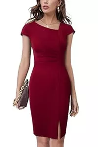 HOMEYEE Cocktail HOMEYEE Damen Vintage V-Ausschnitt Bodycon Business Bleistiftkleid mit Schlitz B700