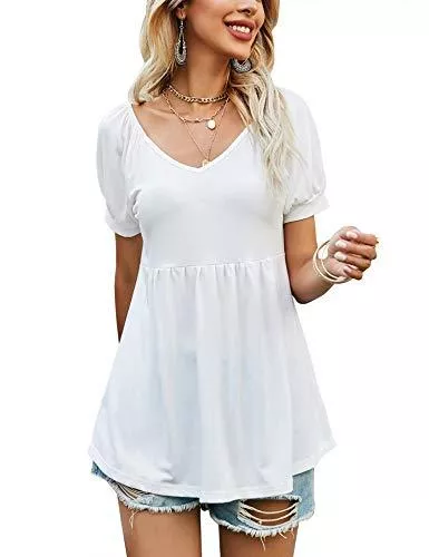 iWoo Kurzarmblusen T-Shirt Damen V-Ausschnitt, Falten Tunika Oberteile, Tunika Damen Tshirt Kurzarm, Kurzarm Tops Sommershirts Damen Locker