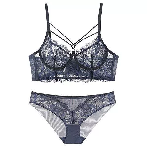 WHSS Unterwäsche & Dessous WHSS Dessous-Sets Damen Unterwäsche-Set BH und Höschen Set Slim Sexy Spitze Dünn Up Durchsichtig Transparent Dessous Träger Krawatten Kreuzträger (Farbe: Blau, Größe: 75B=32B=70B)