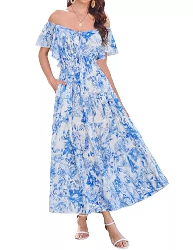 GRACE KARIN Freizeit GRACE KARIN Damen Elegant Blumenkleid Rüschenärmel V-Ausschnitt Maxikleid A-Linie Sommerkleid mit Taschen