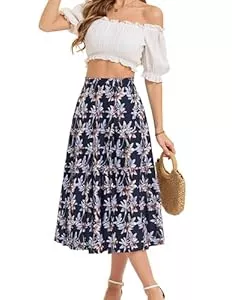 Bbonlinedress Röcke Bbonlinedress Rock Damen a Linie Faltenrock Knielang Sommer Röcke mit Blumendruck Tellerrock Casual Hohe Taille Midirock