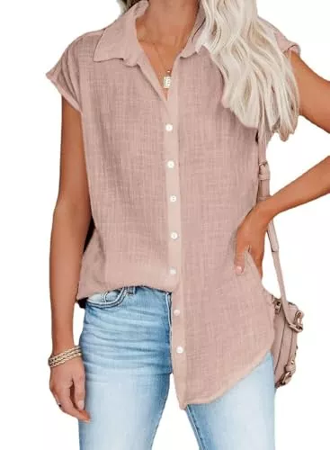 CXMSYY Hemdblusen Bluse Damen Sommer Leinenbluse Kurzarm V-Ausschnitt Musselin Bluse Oberteile Button Down Leinenhemd Revers Kragen Arbeit Blusenshirt Elegant Baumwolle Leinen Shirt