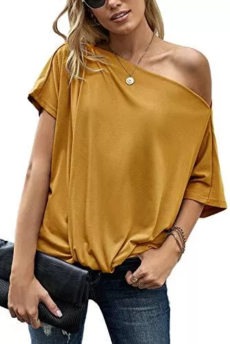 AOISAGULA Kurzarmblusen AOISAGULA Damen Kurzarm T-Shirt Schulterfrei Sommer Tops Lose Oberteile Basic Bluse Tunika für Frauen