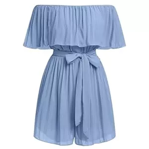 FYMNSI Jumpsuits FYMNSI Damen Off Shoulder Jumpsuit Schulterfreier Chiffon Kurz Playsuit Overall mit Gürtel Plissee Elegant Playsuit Strand Strampler