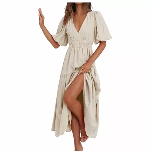 Kwatieh Freizeit SchöNe Sommerkleider Damen Lang LäSsige Sommerkleid Damen Kleider Mit Schlitz Sukienka Lato Maxi Traegerkleid Damen Elegant Sommerkleid Jugendliche Tshirt Kleid Weiß