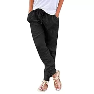Generic Hosen Leinenhose Damen Lang, Baumwolle Leinen Hose Damen mit Kordelzug, Leicht Hosen High Waist Einfarbig Casual Lose Stoffhose mit Taschen Soft Touch Freizeithose Bequeme Damenhosen