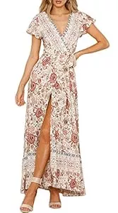 OKWIN Freizeit OKWIN Kleider Boho Sommerkleid Damen V-Ausschnitt Maxikleid Kurzarm Strandkleid Lang mit Gürtel Schlitz Vintage Blumen Maxi Kleid Dress