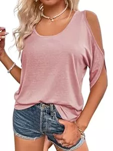Fisoew T-Shirts Fisoew T Shirt Damen Rundhalsausschnitt Oberteile Schulterfrei Tops Sommer Kurzärmeliges Casual Tee Shirts Bluse.