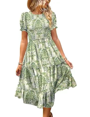 YESNO Freizeit YESNO Sommerkleid Damen Elegant Boho Kleider Lässig Puffärmel Elastische Taille Midikleid Wedding Guest Dress Blumenkleid EP2DE