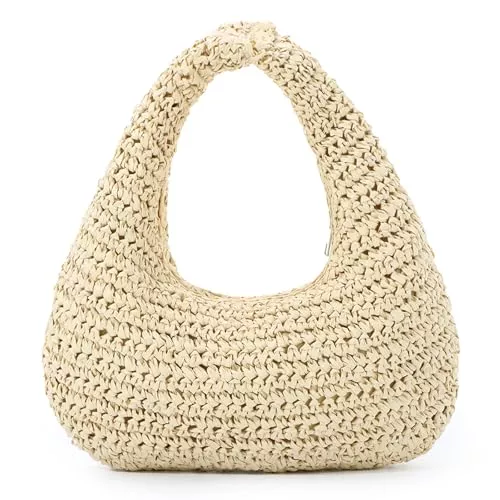 Fecialy Taschen & Rucksäcke Fecialy Strohsack für Damen Halbmond Schulter Handtasche Stroh Sommer Strand Tote Handtasche Raffia gewebt Hobo Bag