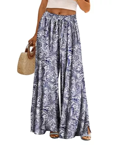 YESNO Hosen YESNO Hose Damen Sommer Weites Bein Boho Mode Palazzo Lockere Hosen Elegant Hohe Taille Blumenmuster Lounge Hosen PP0DE