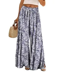 YESNO Hosen YESNO Hose Damen Sommer Weites Bein Boho Mode Palazzo Lockere Hosen Elegant Hohe Taille Blumenmuster Lounge Hosen PP0DE