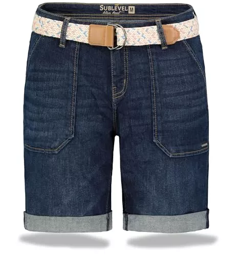 Sublevel Shorts Sublevel Damen Jeans Shorts Denim Bermuda Chino Stretch mit Flechtgürtel Bequeme Kurze Sommer Hose