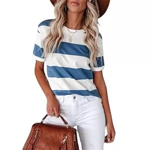HEYPORK T-Shirts HEYPORK Damen Sommer Top Bluse Bequem Lässig Mode T-Shirt Blusen Frauen Frühjahr/Sommer Mode Blau Weiß Gestreift Druck Rundhalsausschnitt Kurze Ärmel Lässig T-Shirt