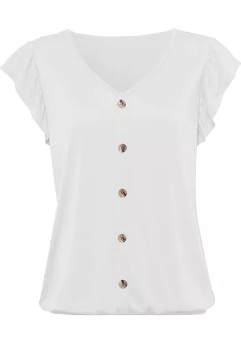 Brosloth Kurzarmblusen Damen Sommer T-Shirt Kurzarmshirt Casual V-Ausschnitt Lässige Stretch Rüschenbündchen Bluse Tops Oberteil Baumwollshirt Blickdicht Mit kurzen
