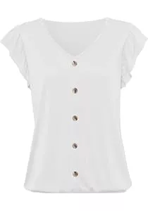 Brosloth Kurzarmblusen Damen Sommer T-Shirt Kurzarmshirt Casual V-Ausschnitt Lässige Stretch Rüschenbündchen Bluse Tops Oberteil Baumwollshirt Blickdicht Mit kurzen