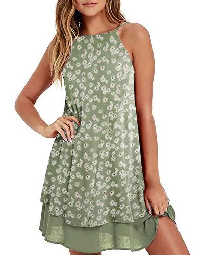 Style Dome Freizeit Style Dome Sommerkleid Damen Chiffon Minikleid Kurz Lässig Ärmellos Spaghetti Träger Casual Strandkleid