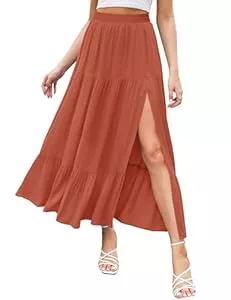 HAEOF Röcke HAEOF Damen 2025 Sommer Boho Flowy Maxi Rock Trendy Schlitz Elastische Hohe Taille A Linie Strand Lange Röcke mit Taschen