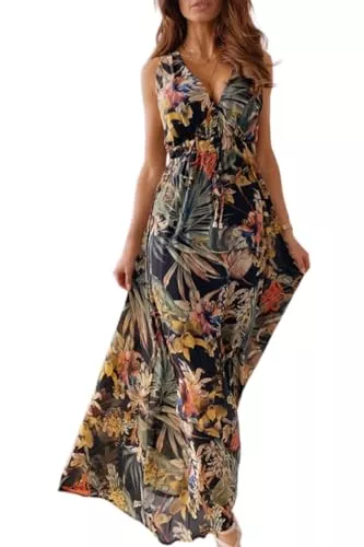 CheChury Freizeit CheChury Damen Sommerkleid Lang Maxikleid Sommer V Ausschnitt Kleid Floral Maxikleider Elegant Freizeitkleider Ärmellos Strandkleid Lang Kleider Partykleid Freizeitkleider Boho Beach Maxi Dress