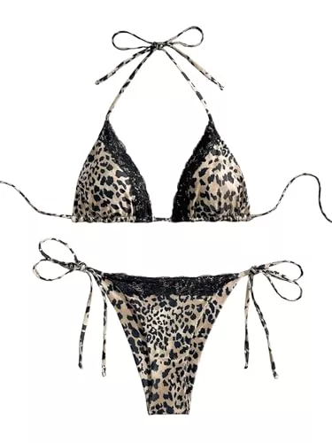 GORGLITTER Bademode GORGLITTER Damen Triangel Bikini Set Leoparden Muster Badeanzug String Neckholder Bikinis mit Spitze Zweiteiliger Swimsuits Hohe Taille Tanga Bademode