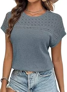 Chicrise Kurzarmblusen Chicrise Bluse Damen Elegant Kurzarm Spitzen Oberteile Häkel Rundhals Tshirt Sommer