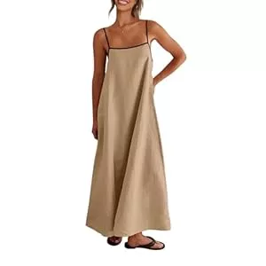 Shy Velvet Freizeit Shy Velvet Damen 2024 Sommer Leinen Maxikleid Kontrast Spaghettiträger Kleid Rückenfrei Ärmellos Casual Party Strandkleider