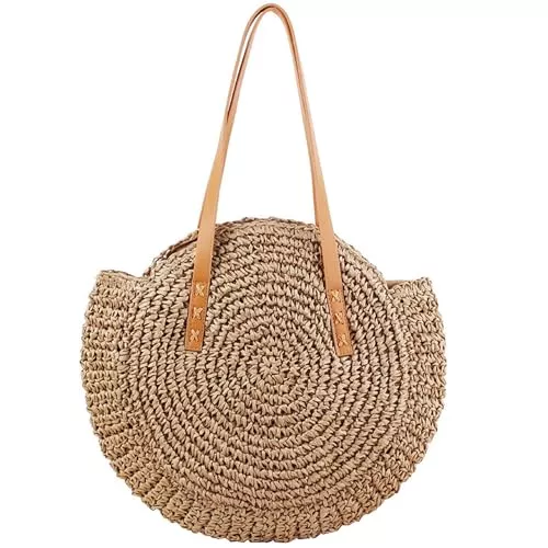 LATRAT Taschen & Rucksäcke LATRAT Strohtasche, Damen Crossbody Tasche Retro Runde Strandtasche Shopper Korbtasche Groß Schultertasche, für Frauen Reisen Urlaub Freizeit Geflochten Tasche, Braun