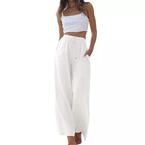 Duyang Hosen Duyang Palazzo-Hose für Damen, Baumwollleinen, Kordelzug, elastische Taille, leger, weites Bein, mit Taschen