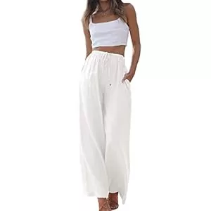 Duyang Hosen Duyang Palazzo-Hose für Damen, Baumwollleinen, Kordelzug, elastische Taille, leger, weites Bein, mit Taschen