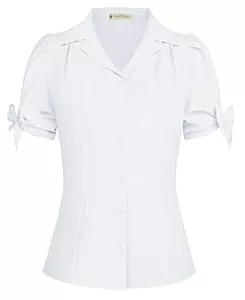 Belle Poque Kurzarmblusen Belle Poque Damen Vintage Bluse V-Ausschnitt Slim Fit Puff Kurzarm Hemd