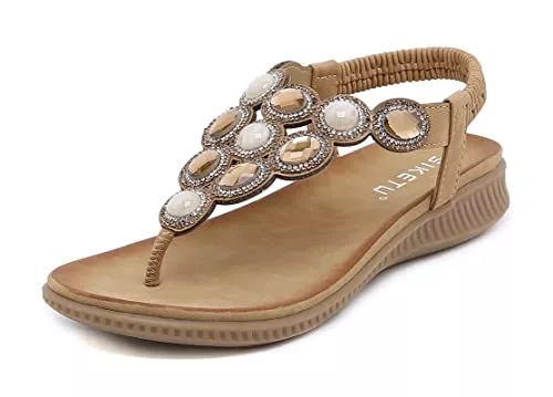 Meik Mangni Sandalen & Slides Meik Mangni Damen Sandalen Sommer Bohemian Flache Zehentrenner Strass Sandaletten Strand Schuhe Plattform Flip Flops Gr.36-42