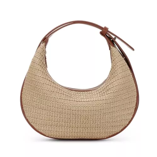 EVEOUT Taschen & Rucksäcke EVEOUT Stroh Umhängetasche Damen Sommer Boho Chic Geflochtene Handtasche mit Verstellbarem Gurt Raffia Gewebte Halbmond Hobo Schultertasche für Strand Urlaub