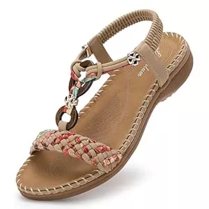 Littleplum Sandalen & Slides Littleplum Sandalen Damen Freizeit Flach Sandalette Handarbeit mit Strass Perlen Bohemia Strand Schuhe
