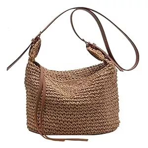 Fiorky Taschen & Rucksäcke Fiorky Stroh-Umhängetasche, handgefertigt, für den Pendelverkehr, lässig, schlicht, Damen-Riemen, verstellbar, Sommer-Strandtasche