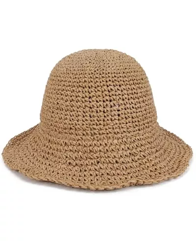 Voilipex Hüte & Mützen Strohhut für Damen, faltbar, verstaubar, breite Krempe, Sommer-Strandhut, gehäkelt, Fischerhut