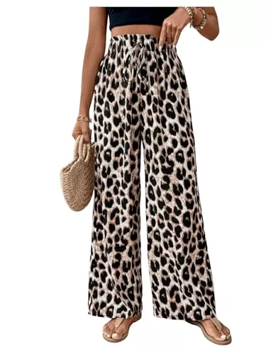 SweatyRocks Hosen SweatyRocks Lockere Hosen Damen Elegant Weite Hose Leo Hose Weites Bein Damenhose Mit Gummizug Plissee Hosen Lang Strandhose