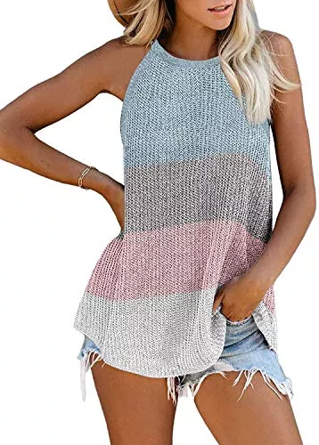 Uusollecy Tops Uusollecy Stricktop Damen Sommer U-Ausschnitt Casual Loose Tank Top, Ärmellose Stricken Sommertop Oberteile