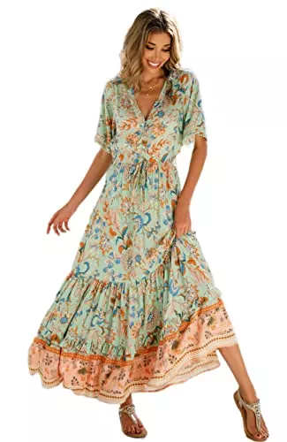 R.Vivimos Freizeit R.Vivimos Damen Sommer Boho V-Ausschnitt Button Up Kurzarm böhmischen Print Rüsche Rand Strand Stil Lange Maxi Kleid Berufungskleid