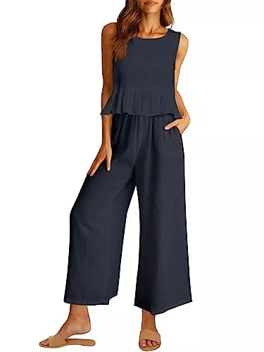 AUTOMET Jumpsuits AUTOMET Damen Sommer 2-teilige Outfits Leinen Crop Tank Top Lounge Passende Sets & Lange Hosen Trainingsanzüge mit Taschen