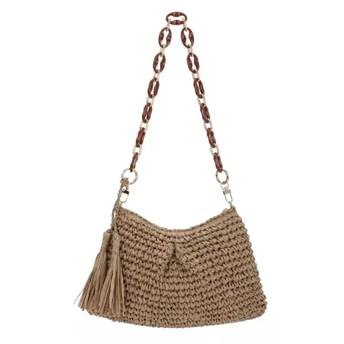 EVEOUT Taschen & Rucksäcke EVEOUT Damen Raffia Schultertasche Sommer Boho Chic Strohtasche mit Acryl Schulterkette für Strand Urlaub Gewebte Tote Tasche