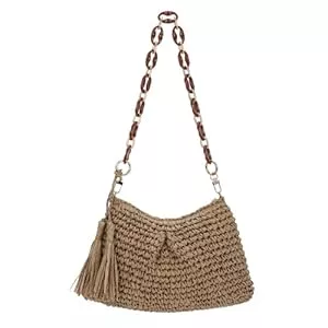 EVEOUT Taschen & Rucksäcke EVEOUT Damen Raffia Schultertasche Sommer Boho Chic Strohtasche mit Acryl Schulterkette für Strand Urlaub Gewebte Tote Tasche