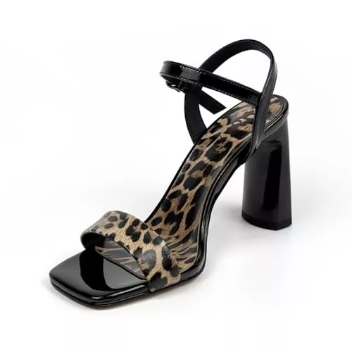 Hohxil Sandalen & Slides Hohxil Sandaletten Damen mit 9cm Blockabsatz Elegante Sommerschuhe aus Genuine Nappaleder (Lammleder) Bequem für Partyabend & Hochzeit