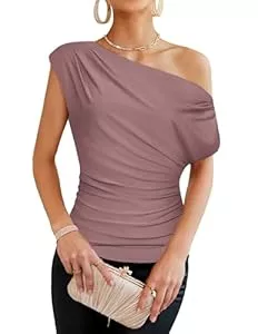 GRACE KARIN Kurzarmblusen GRACE KARIN Damen Sommer Elegant Oberteil Einfarbig Schrägkragen Shirt Cocktail Party Bluse