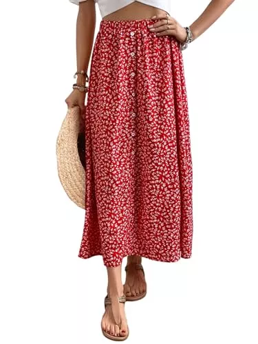 GORGLITTER Röcke GORGLITTER Damen Midirock Böhmisch Sommerrock Blümchenmuster Röcke Ausgestellt Freizeitrock Urlaubrock Locker Midi Rock