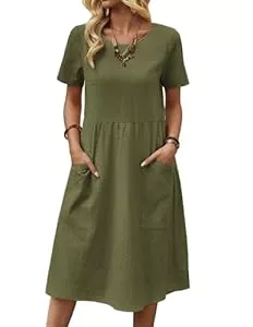 Zeagoo Freizeit Zeagoo Sommerkleid Damen Leinen Casual Kleid Baumwolle Kleider Sommer Rundhals Strandkleid Kurzarm Tunika Kleid mit Taschen S-XXL